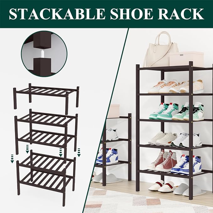 Smiry Shoe Rack, 6 Tier Small Bamboo Shoe Organizer, Stackable Free Standing Wooden Shoe Storage Shelf for Closet, Entryway, Front Door Entrance, Brown - Image 4