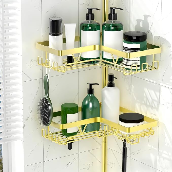 DAOYA Shower Caddy Tension Pole with 2 Soap Holders, Adjustable Corner Shower Caddy, Gold Finish, Expandable 25-114.2 Inches for Bathtub Corner, Bathroom Storage Organizer - Image 5