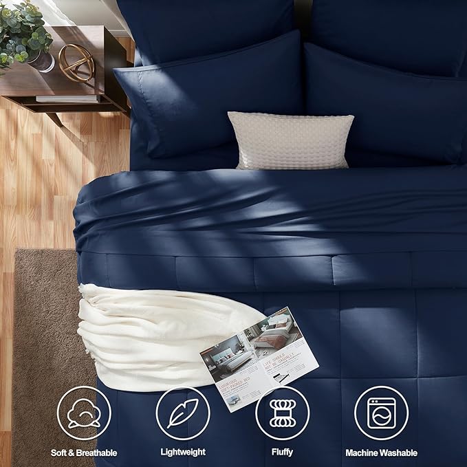CozyLux Oversized King Comforter Sets Navy Blue, 7 Pieces Bed in a Bag, Ultra-Soft All Season Bedding Sets with Stitch Quilted Comforter, Flat Sheet, Fitted Sheet, Pillowcases