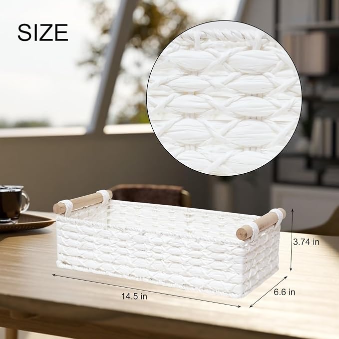 Small Storage Basket Wicker Baskets for Organizing with Handle Decorative Storage Bins for Countertop Toilet Paper Basket for Toilet Tank Top Small Baskets Set,White - Image 2