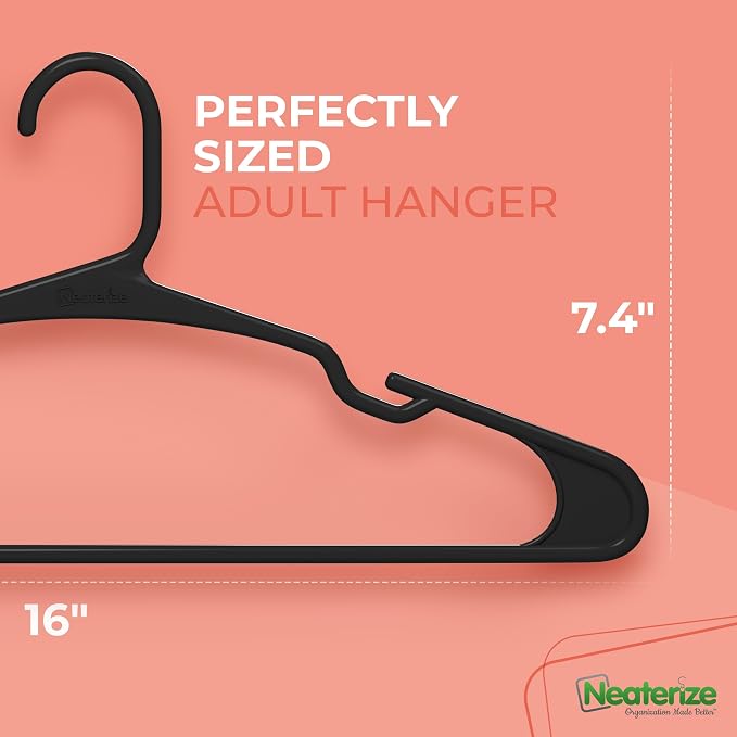 NEATERIZE Clothes Hangers Plastic 50 Pack for Adults - Plastic Hangers, The Perfect Coat Hanger and Space Saving Clothes Hangers for Closet, Percheros Ganchos para Colgar Ropa Hangars - Black Hangers - Image 2