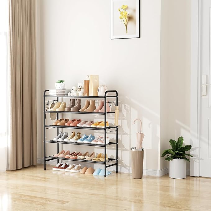 VILICK 5 Tier Shoe Rack 33" Wide Metal Shoe Organizer Long Shoe Storage with 4 Side Hooks Sturdy Shoes Shelf for Closet, Front Door Entrance, Garage, Dorm, Black - Image 7
