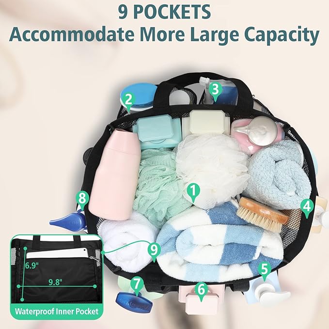 F-color Mesh Shower Caddy Portable, X Large 7 Deeper Pockets Shower Bag Basket Tote for College Dorm Room Bathroom Essentials Gym Camp Quick Dry 2 handles with S Hook, 2 Pack Black - Image 4