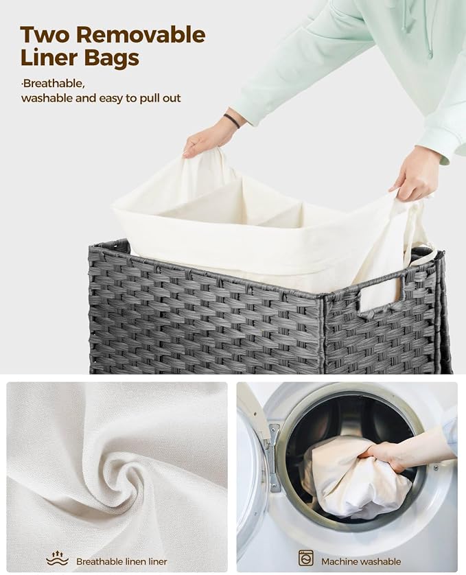 GREENSTELL Laundry Hamper with Wheels&Lid, 130L Large 3 Sections Clothes Hamper with 2 Types Removable Liner Bags, 5 Mesh Laundry Bags, Handwoven Divided Laundry Basket Gray - Image 4