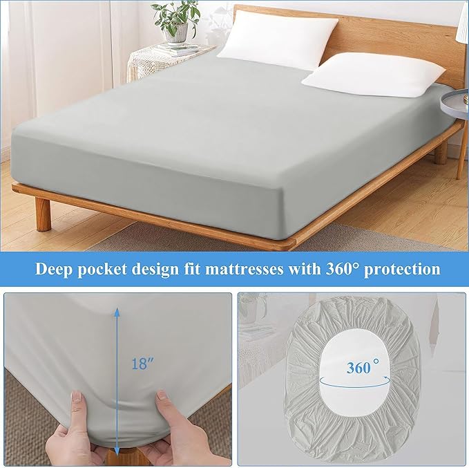 Full Size Waterproof Mattress Protector - Noiseless, Breathable, Machine Washable Fitted Mattress Cover with Deep Pocket up to 5”-21”（Light Grey）