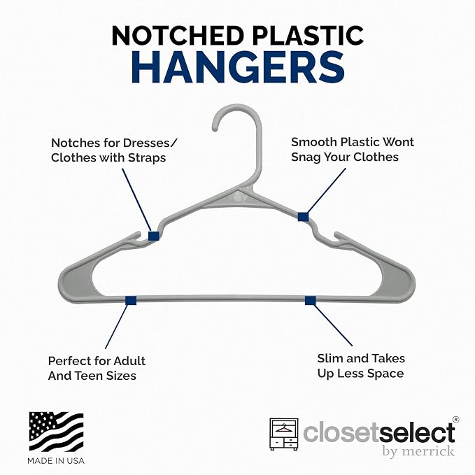 Closetselect Plastic Hangers 50 Pack - Space Saving Clothes Hangers, Made in USA, Durable & Strong Plastic Shirt & Coat Hanger with Notches & Shoulder Grooves, Non-Slip Clothing Hangers | Silver Hail - Image 4