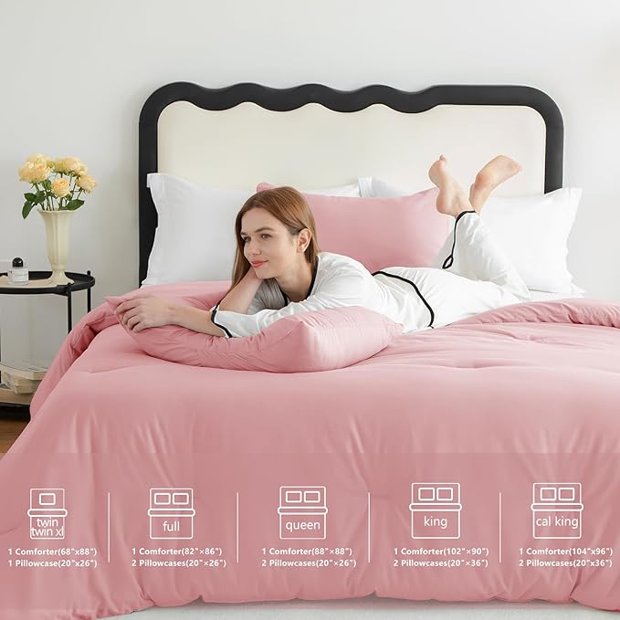 CozyLux King Size Comforter Set Pink, 3 Pieces Solid Comforters King Size Breathable Quilted Bedding Sets, Luxury Soft Lightweight Bed Set with Down Alternative Comforter and 2 Pillowcases All Season