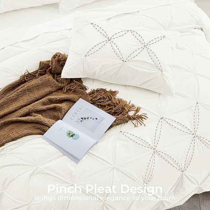Sasttie Twin Comforter Set, 5-Piece Bed in a Bag, Pintuck Bedding Sets for All Season, Includes Comforter, Flat Sheet, Fitted Sheet, Pillowcase and Pillowsham, Ivory