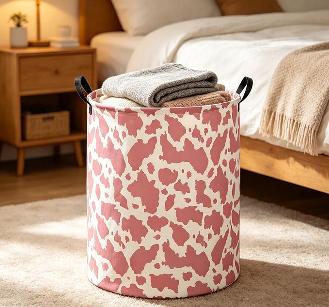 Kids Laundry Basket Cow Hamper for Nursery Pink Hamper Cute Kids Storage Bin Organizer Room Decor for Home(Pink cow) - Image 6