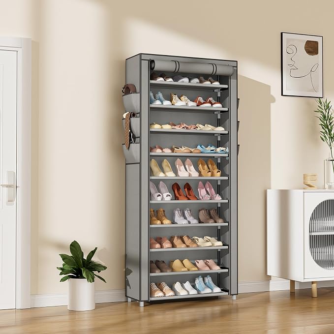 VTRIN Vertical Narrow Shoe Rack Organizer Tall Shoe Rack for Closet Entryway 10 Tier Non-Woven Cover Shoe Shelf Holds 36-41 Pairs Free Standing Shoe Storage Cabinet with Dustproof Cover, Grey - Image 2