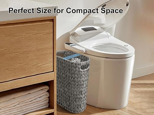 Coeusy 5 Gallon Wicker Trash Can,Wicker Bathroom Trash Can with Handles,Handwoven Waste Basket Waterproof Narrow Small Garbage Can for Bedroom,Bathroom,Office,Grey/20 Liters - Image 7