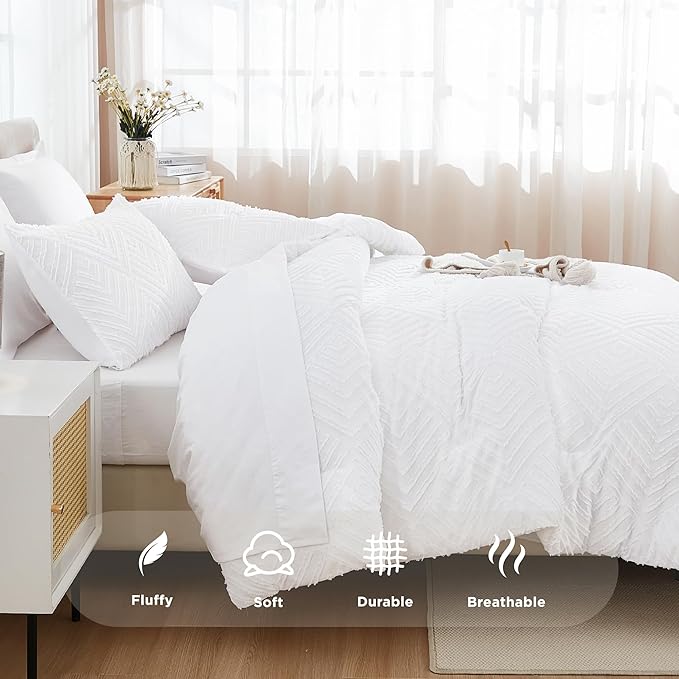 Andency California King Size Comforter Set with Sheets White - 7 Pieces Bed in a Bag Cal King Boho Tufted Lightweight Bedding Sets with Comforter, Sheets, Pillowcases & Shams