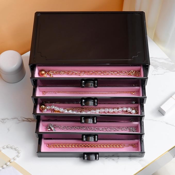 YUFONG Necklace Holder Organizer, Dustproof Necklace Box Velvet Necklace Organizer Box with Lid Clear Acrylic Dustproof Stackable Jewelry Displays for Necklaces Chain Display (Black Pink, 5 Drawer) - Image 4