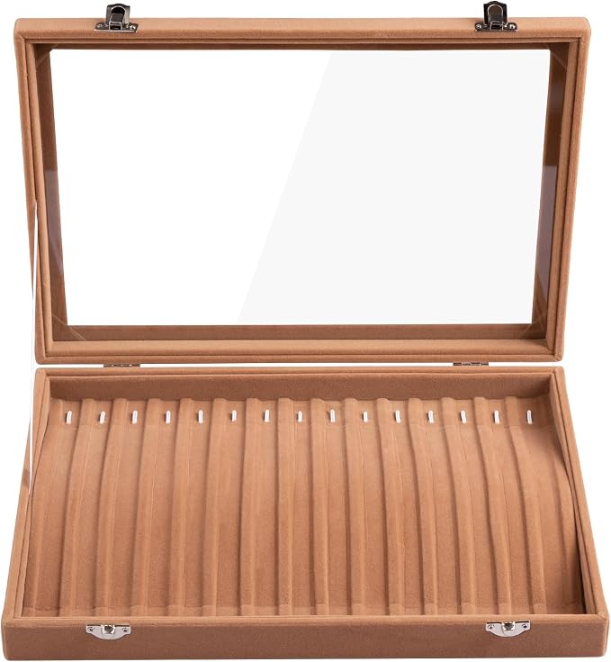 Frebeauty 15 Hooks Necklace Tray Velvet Neckalce Organizer with Clear Lid Lockable Necklace Holder Box Jewelry Organizer for Pendants Chains Necklace Jeweley Tray for Women Girl (Camel) - Image 2