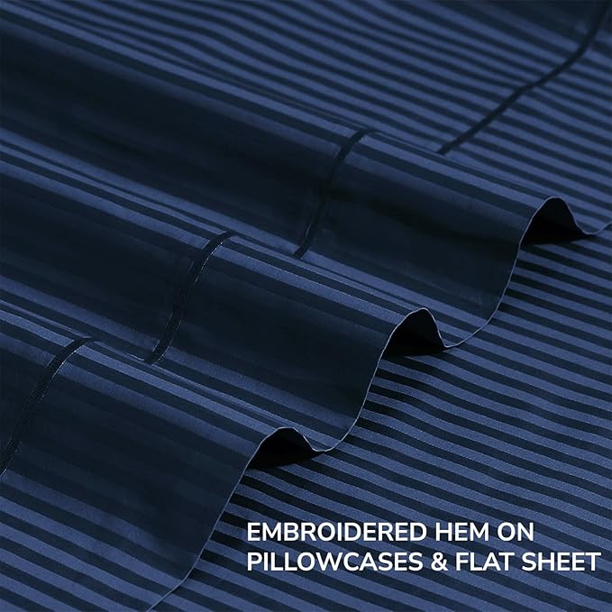 Feather & Stitch 500 TC King Size Damask Bed Sheet Set, 100% Cotton Soft Breathable Bedsheets, 4 Piece 18" Deep Pockets Sateen Weave Striped Bedding Mattress Resort Hotel - (Dark Blue Stripe)