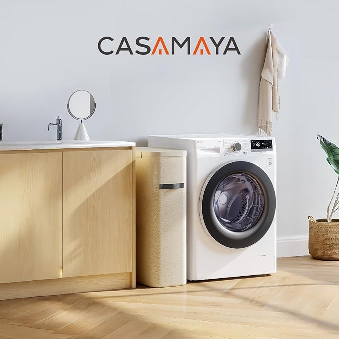 CASAMAYA Laundry Basket with Lid, Slim Laundry Hamper, 65L collapsible Laundry Organizer, Easy Assembly, with Handles and Removable Liners, 15.4 x 8.7 x 29.5 Inches, Beige JSP901M - Image 2