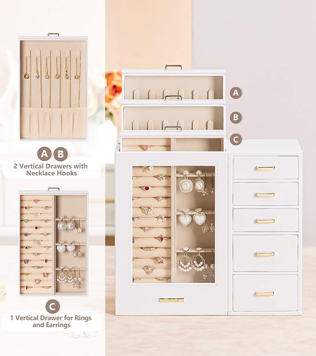Homde Large Jewelry Box/Organizer/Case with Glass Window, Drawers for Necklaces Earrings Rings Bracelets Watches Gift for Women Girls - Image 3