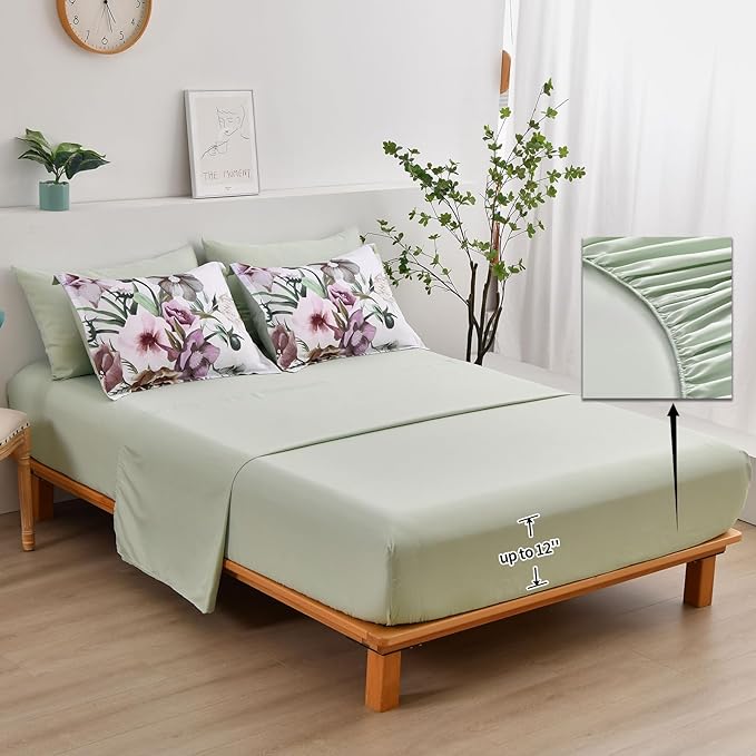 Luxudecor Floral Comforter Set Queen Size 7 Piece, Green Flower Bed in a Bag, Elegant Floral Comforter with Sheet Set, Soft Microfiber Bedding Set for All Season (Green, 90"x90")