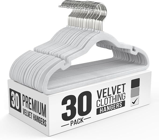 Our Modern Space 30 Pack Velvet Hanger for Shirt Pants Dresses Skirts Suits Jackets - Slim Space Saving Design - Standard Coat Hanger - Sturdy & Durable Design with Shoulder Grooves Hook by OurModernSpace