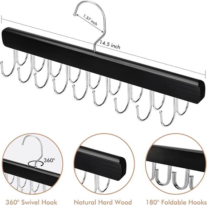 NECAMOCU 2 Pack Bra Hanger for Closet Organizer, Premium Wooden Tank Top Hangers with 36 Foldable Hooks, 360° Rotating Design, Space Saving Storage for Tank Tops, Bras, Scarves and More, Black - Image 2