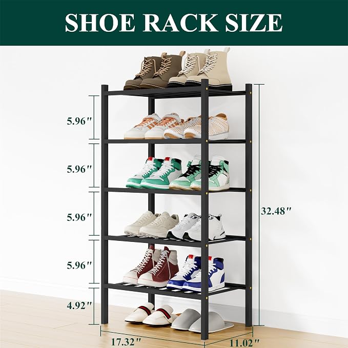 Smiry Shoe Rack, 5 Tier Small Bamboo Shoe Organizer, Stackable Free Standing Wooden Shoe Storage Shelf for Closet, Entryway, Front Door Entrance, Black - Image 2
