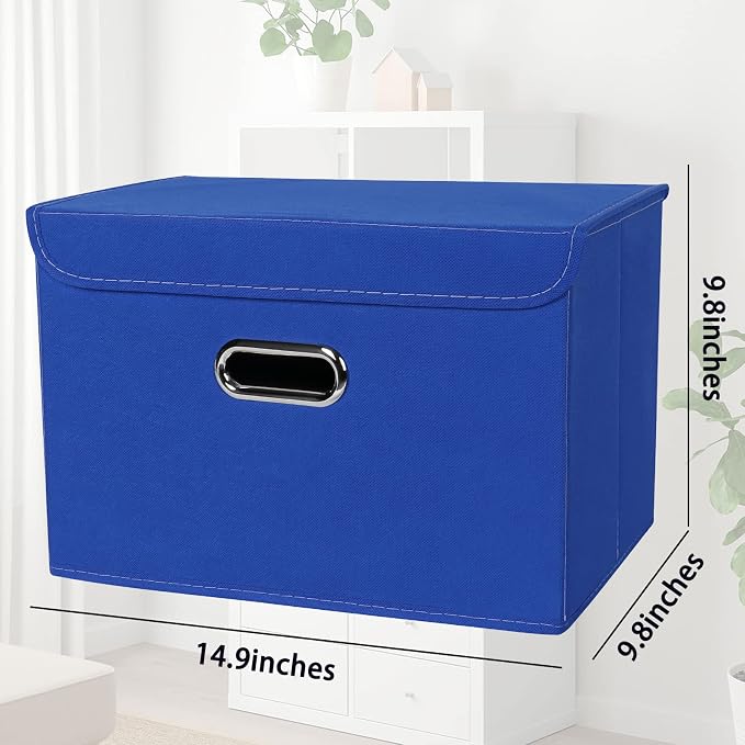 STOREONE Fabric Storage Cube Bins Foldable Organizer Container Collapsible Basket with Lids and Metal Handles, for Home, Bedroom, Closet 6 Pcs (Dark Blue) - Image 2