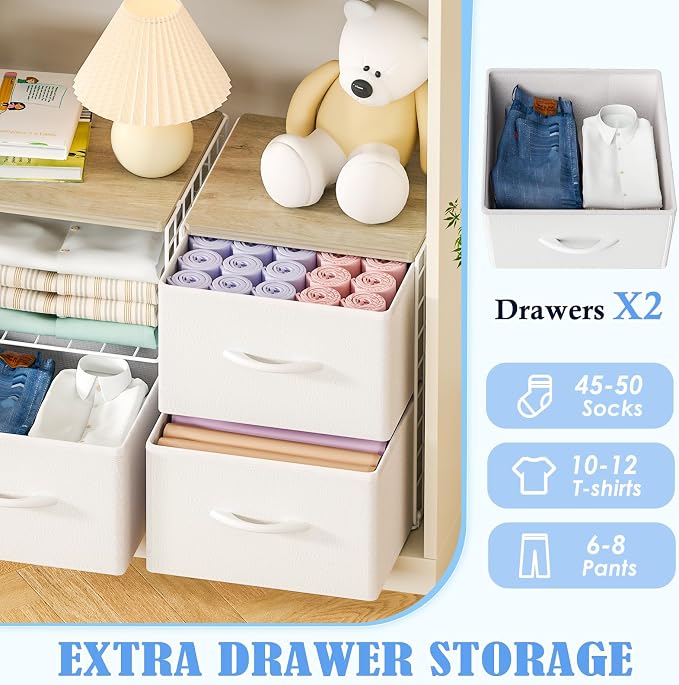 2 Pack Stackable Storage Drawers, Closet Organizers and Storage Shelves with Wooden Top & Adjustable Dividers, White Fabric Closet Drawer Organizer, Modular Storage Bins for Bedroom Wardrobe Apartment - Image 6