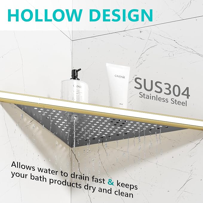 Qeke 2 Pack Bathroom Corner Shelf, Recessed 12" Corner Shower Shelf, SUS304 Stainless Steel Triangular Wall Mount, No Drilling, Brushed Golden - Image 5