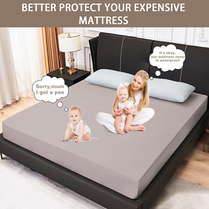 Mecerock 6 Colors Grey Twin Size Waterproof Mattress Protector Washable Mattress Cover Fitted to 18" Deep