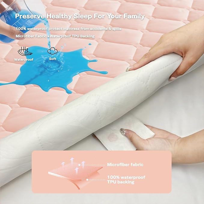 Queen Mattress Protector Waterproof, 18" Deep Pocket Mattress Cover - Lab Tested Leakproof, Oeko-TEX Certified, Breathable & Noiseless, Machine Washable,Queen Fitted Sheet Only (Pink)