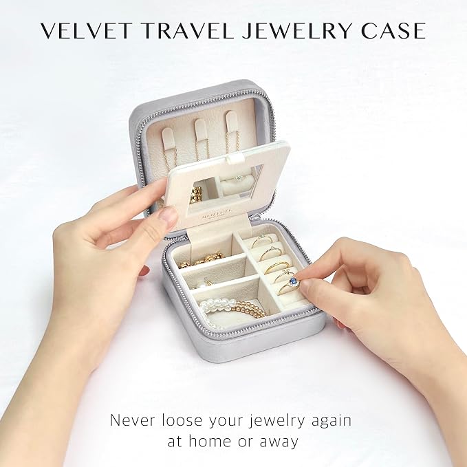 BLUTETE Travel Jewelry Box Organizer Velvet Travel Case With Mirror Rings Earrings Necklaces Storage Organizer Box (Milky Grey) - Image 4