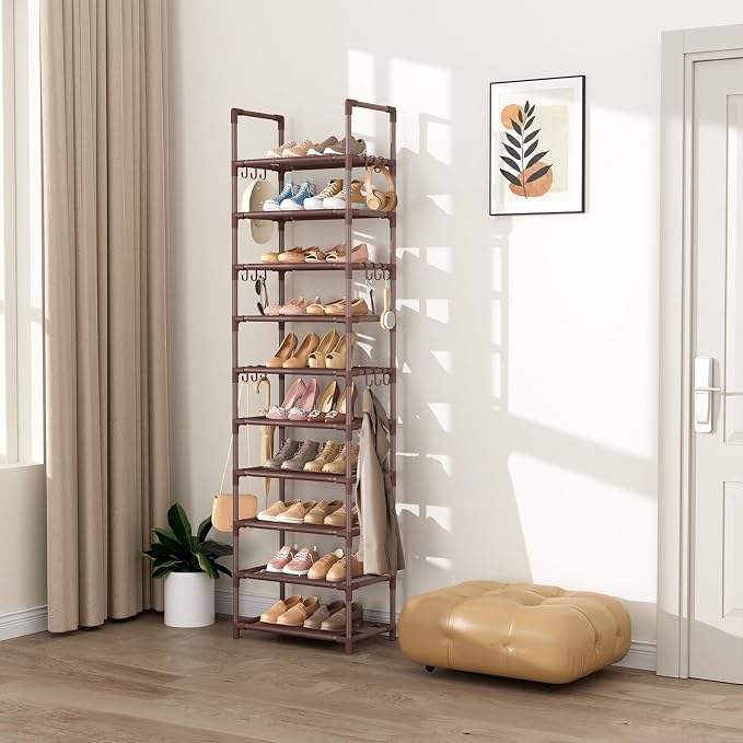 VTRIN 10 Tiers Tall Shoe Rack Holds 20-25 Pairs of Shoes Sturdy Vertical Shoe Organizer with 18pcs Hooks Stackable Narrow Shoe Rack for Closet, Entryway Brown - Image 7