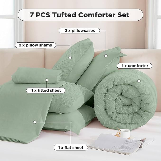 Andency Super King Plus Comforter Set Sage Green - 7 Pieces Bed in a Bag Oversized King Bedding Sets, Boho Tufted Lightweight Fluffy Bed Set with Comforter, Sheets, Pillowcases & Shams