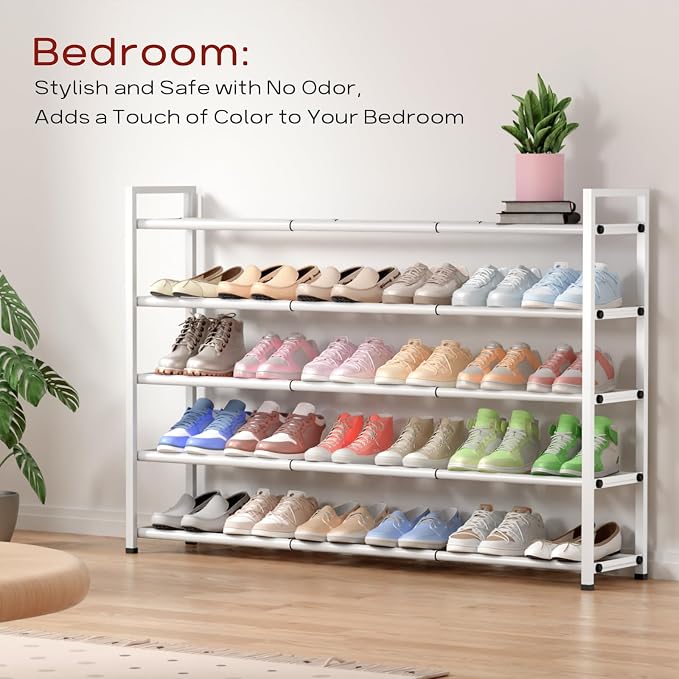 Bumusty 5-Tier Long Expandable Shoe Rack for Closet, 18"-44" Adjustable Shoe Rack for Entryway, 25-30 Pairs Large Shoe Organizer Shelf Storage, Sturdy Metal, White - Image 4