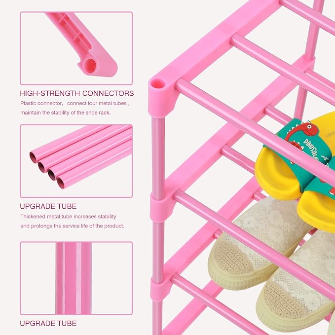 HITHIM 4-Tier Free Standing Shoe Racks for 6-8 Pairs Shoe Storage,Kids Shoe Racks for Small Place,Lightweight Stackable Shoe Shelf Organizer for Entryway, Doorway and Closet,Pink - Image 4