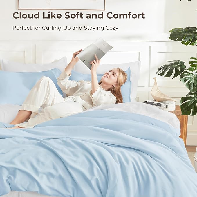 Litanika Comforters Light Blue Full Size, 3 Pieces Lightweight Solid Bedding Comforter Set, All Season Fluffy Bed Set (79x90In Comforter & 2 Pillowcases)