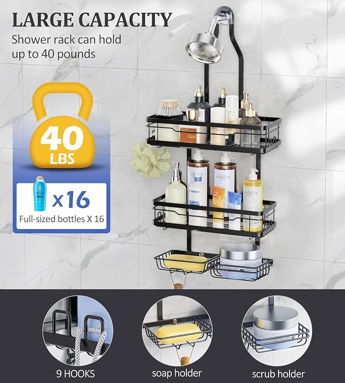 OMAIRA Shower Caddy Hanging Over the Shower Head - Rustproof Shower Organizer Hanging with Soap Scrub Holder, Non-Slip Stainless Steel Bathroom Storage Rack & Shelves, No Drilling, Black - Image 4
