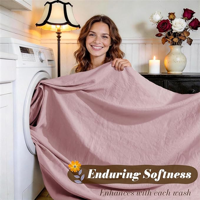 SONORO KATE 100% French Pure Linen Sheets, Breathable and Durable Linen Full Size Sheets, Anti-Tear Linen Bed Sheets, Machine Washable, 16 Inch Deep Pocket - 4 Piece (Embroidery Purple, Full)