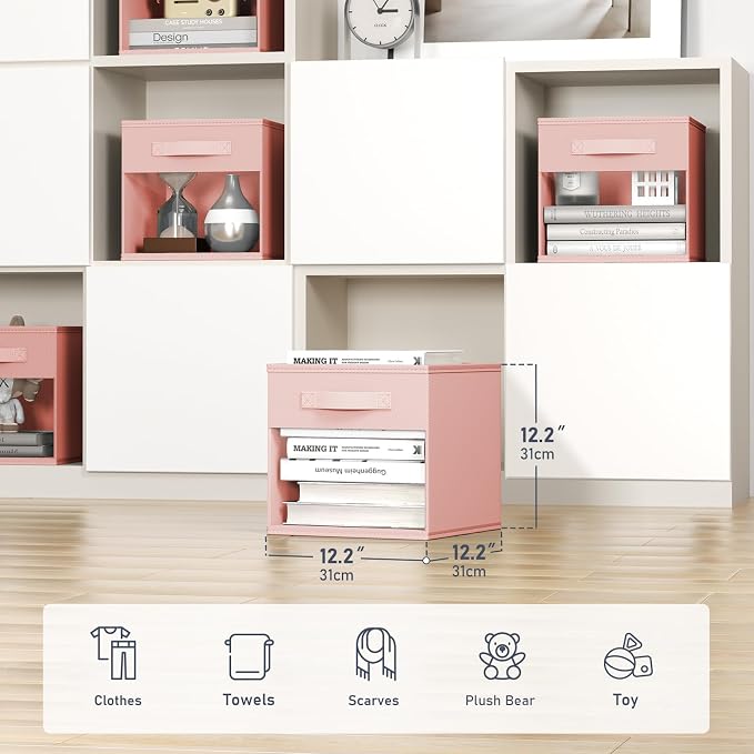 DIMJ Cube Bins, 12.2-Inch Storage Bins Cubes with Window, 6 Packs Collapsible Storage Bins with Handles, Closet Storage Baskets for Organizing Living Room, Office, 6 Pack,Pink - Image 2
