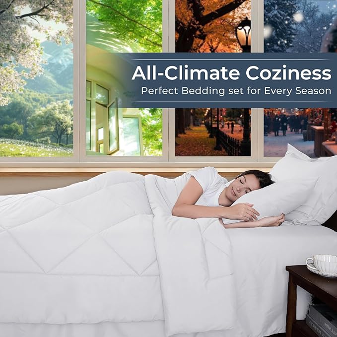 HEVUMYI White Queen Comforter Set - 7-Piece All Season Bed in a Bag Queen, Ultra Soft Bedding Set with Comforter, Flat Sheet, Fitted Sheet, Pillowcases, Pillow Shams