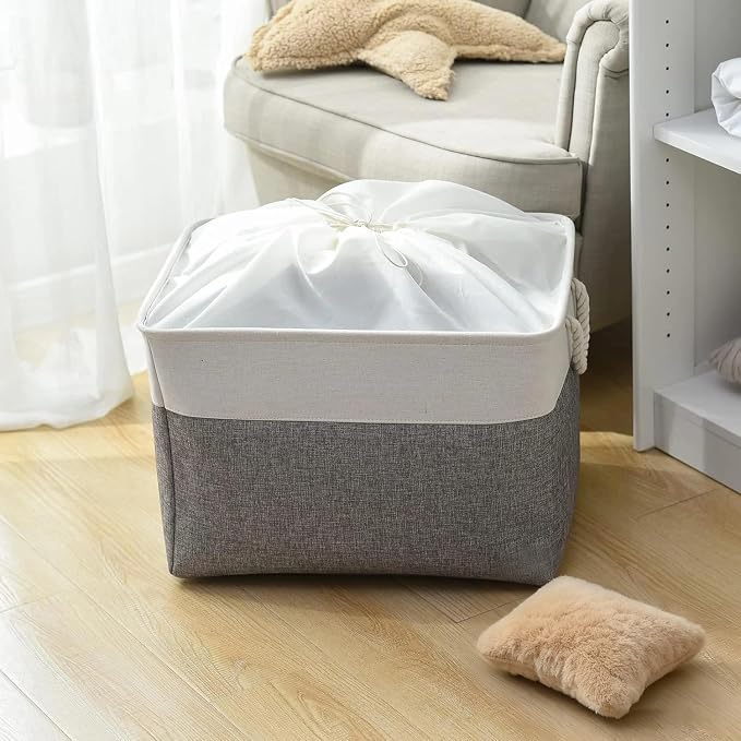 TheWarmHome Storage Bins Baskets for Organizing, 20.5L×15.7W×13.8H 3 Pack Sturdy Fabric Storage Basket W/Handles, Decorative Foldable Storage Baskets for Shelves Closet Nursery Toy (White & Grey) - Image 3