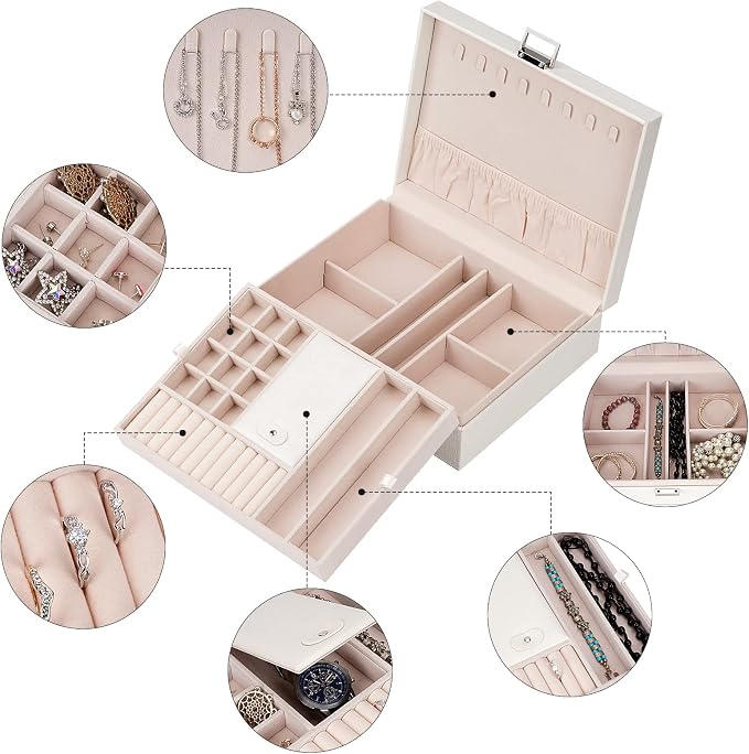 Jewelry Organizer Box for Girls Women - Double Layer Large Travel Jewelry Case with Gift Box/White - Image 3