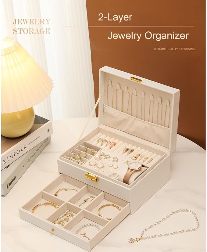 GUOER Jewelry Box for Women Girl Wife - Large PU Leather Jewelry Organizer Storage Case with Two Layers Display for Earrings Bracelets Rings Watches Mother's Day (White) - Image 5