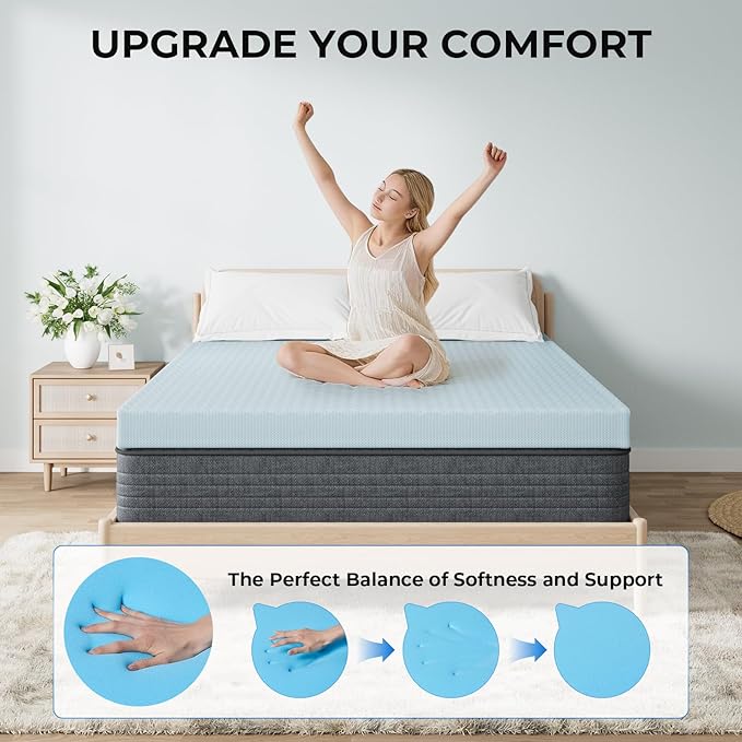 OhGeni 3 Inch Queen Memory Foam Mattress Topper Pad with Cover, Egg Crate Foam with Anti-Slip Base, Enhanced with Cooling Gel，Premium Comfort for Sleep & Back Pain Relief, Removable & Washable