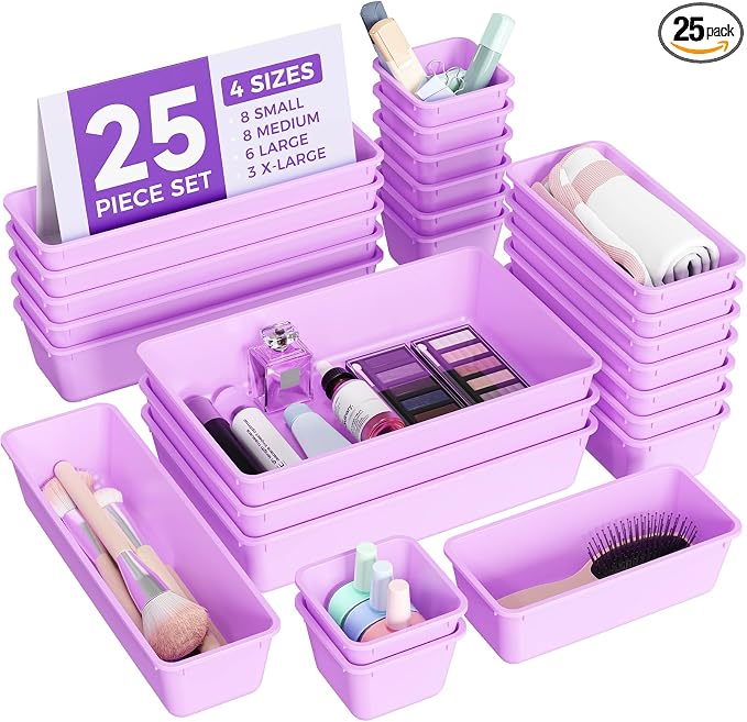 BiuLeon 25 PCS Plastic Drawer Organizers Set, 4-Sizes Vanity and Makeup Organizer, Desk and bathroom Drawer Organizer Trays, Organizers and Storage for Makeup, Jewelry, Gadgets, Utensils (Purple) by Unknown