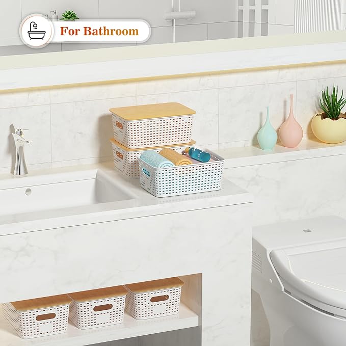 Ohmlove Plastic Storage Baskets With Bamboo Lid - Plastic Storage Containers Stackable Storage bins: Storage Baskets for Organizing Shelves Drawers Desktop Closet Playroom Classroom Office, 6 Pack - Image 6