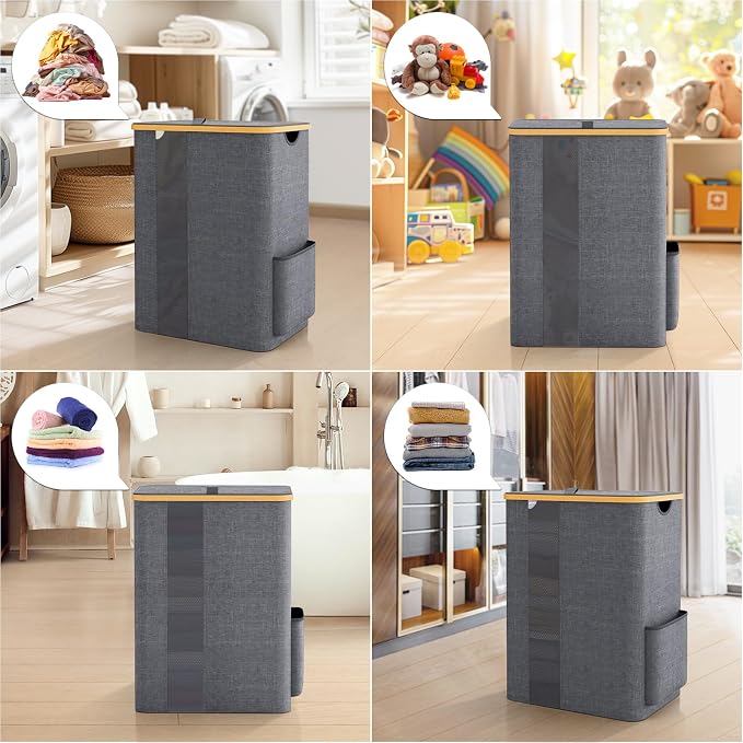BlissTotes Laundry Basket with Lid, 80L Clothes Laundry Hamper with Handles and Removable Laundry Bag, Breathable Design Hamper with Lid for Bedroom, Bathroom, Dorm, Laundry Room - Light Grey - Image 3