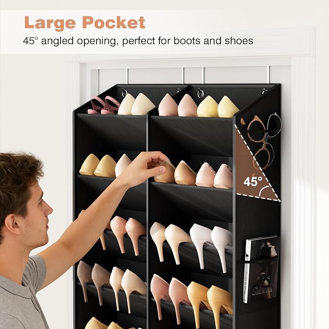 LANTEFUL Over the Door Shoe Organizer, Hanging Shoe Rack for Closet Door Shoe Storage for 30 Pairs Sneaker and Boots, Large Shoe Holder for Door with 10 Side Pockets, Space Saving, Black - Image 4