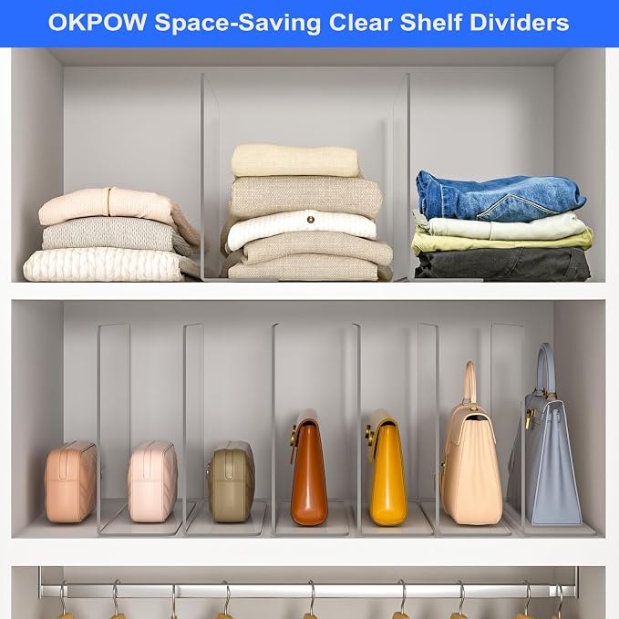 OKPOW Shelf Dividers Closet Organizer - 12" Tall X 11.8" Deep Acrylic Clear Sturdy Separate for Clothes Purse - Adjustable Space Saver Easy Install for Home Organization Enthusiasts 4 Pack - Image 5