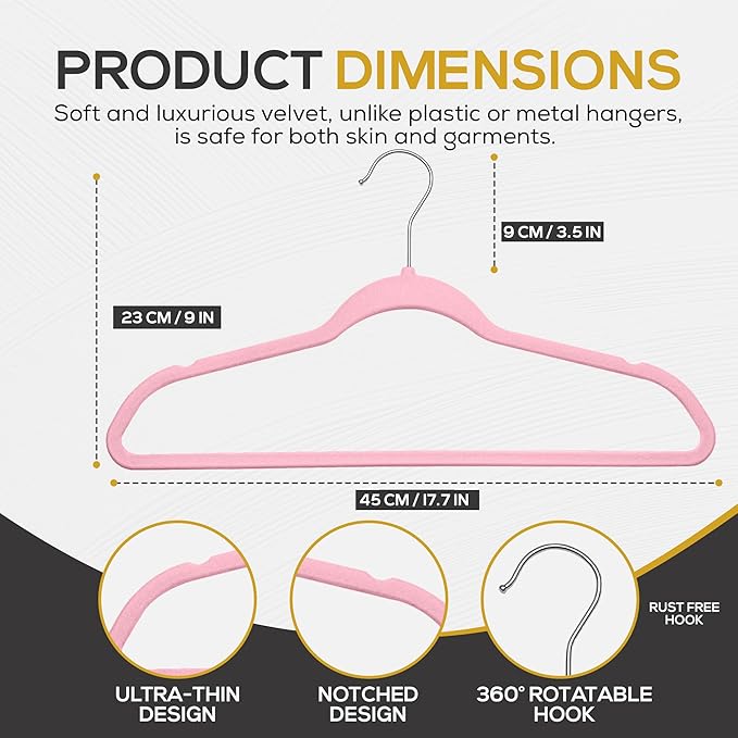 Techzoo Premium Velvet Hangers 50 Pack Ultra Thin Non Slip Adult Felt Space Saving Suit Hanger for Closet Heavy Duty Coat Pants Jackets Dress Hangers 360° Swivel Hook Hold Upto 10 lbs Pink - Image 2